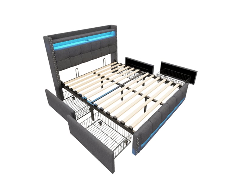  Lit capitonné 160x200 cm avec led et usb, tête de lit avec rangements et 4 tiroirs, tissu lin gris  - Conforama D
