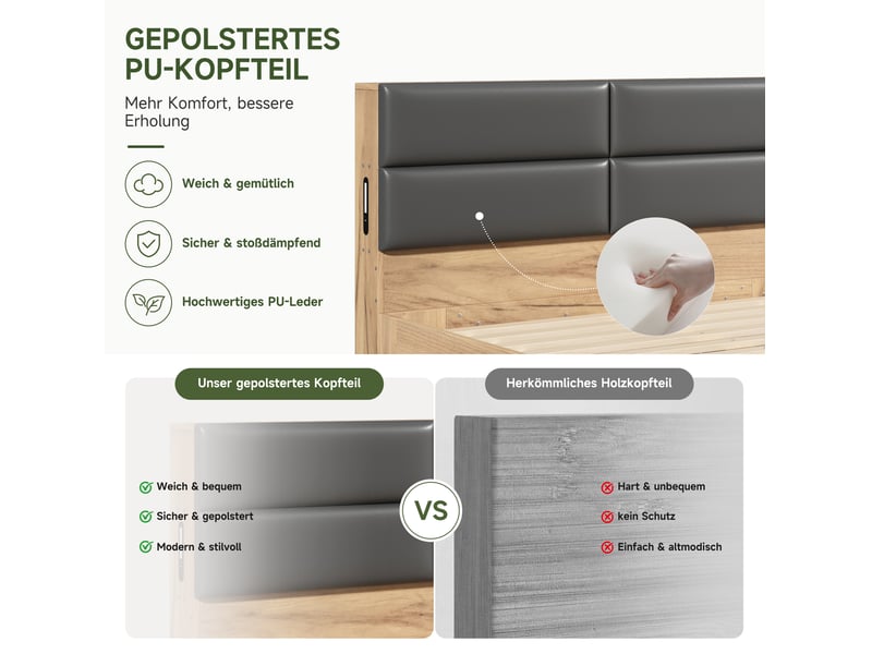 Lit enfant décor bois naturel 140x200 cm et tête en pu, tiroirs et niches de rangement, ports usb, sommier inclus, sans matelas  - Conforama E