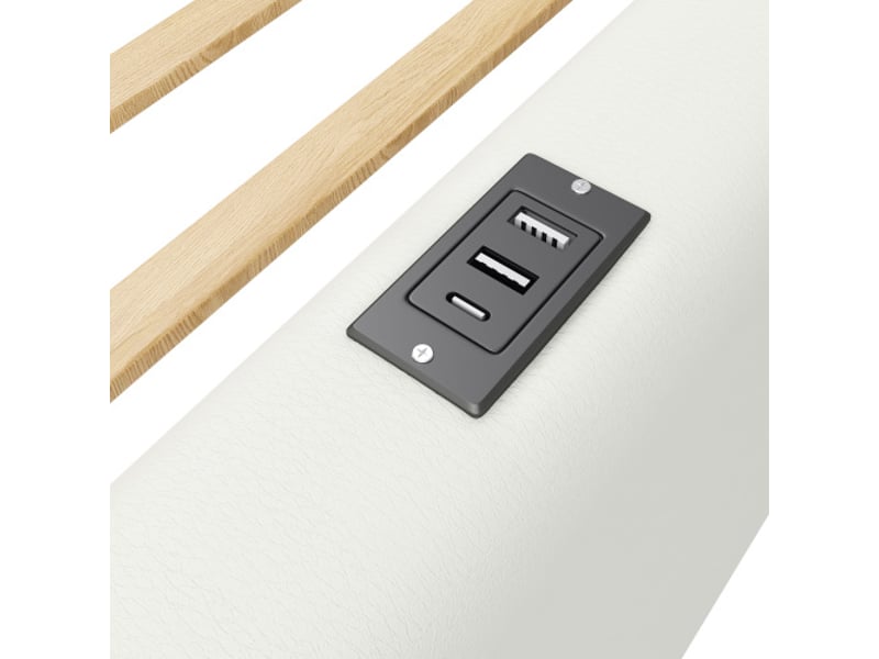 Lit enfant 90x200 cm avec barrière de sécurité et ports usb-type-c, sommier à lattes, sans matelas, blanc  - Conforama E