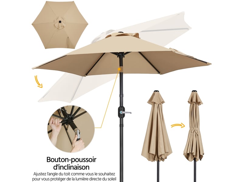 Parasol de jardin extérieur parasol inclinable à 6 baleines parasol balcon avec manivelle protection solaire de 240 cm de haut pour terrasse jardin patio plage piscine balcon brun clair - Conforama E