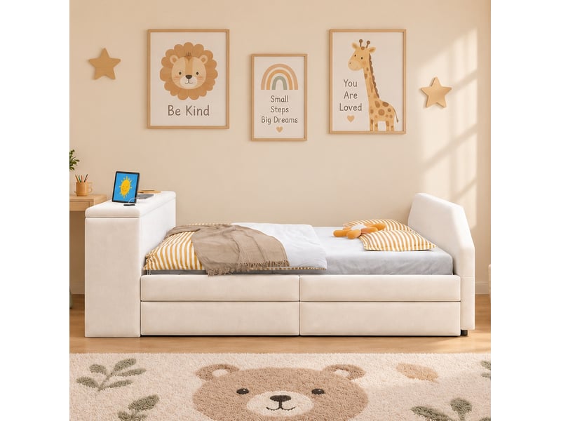  Lit enfant 90x200 cm avec bureau, port usb et lit gigogne mdf beige sans matelas  - Conforama B