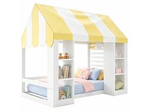 Lit enfant 1 place 90 × 200 cm avec baldaquin, 2 rangements ouverts et étagères, sans matelas, blanc