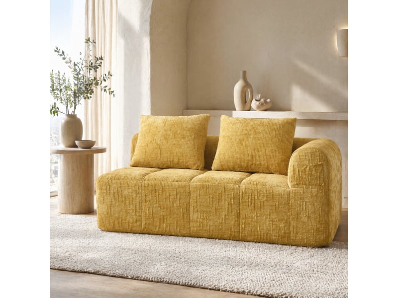 Canapé droit 2 places avec méridienne, poches latérales et coussin en chenille jaune, 158 × 90 × 60 cm - Conforama C