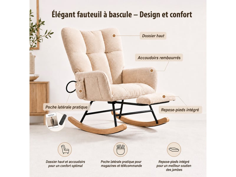  Chaise à bascule ergonomique en tissu chenille beige avec repose‑pieds rétractable, poche de rangement, structure métal et bois massif, charge 120 kg  - Conforama B