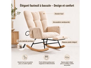 Chaise à bascule ergonomique en tissu chenille beige avec repose‑pieds rétractable, poche de rangement, structure métal et bois massif, charge 120 kg