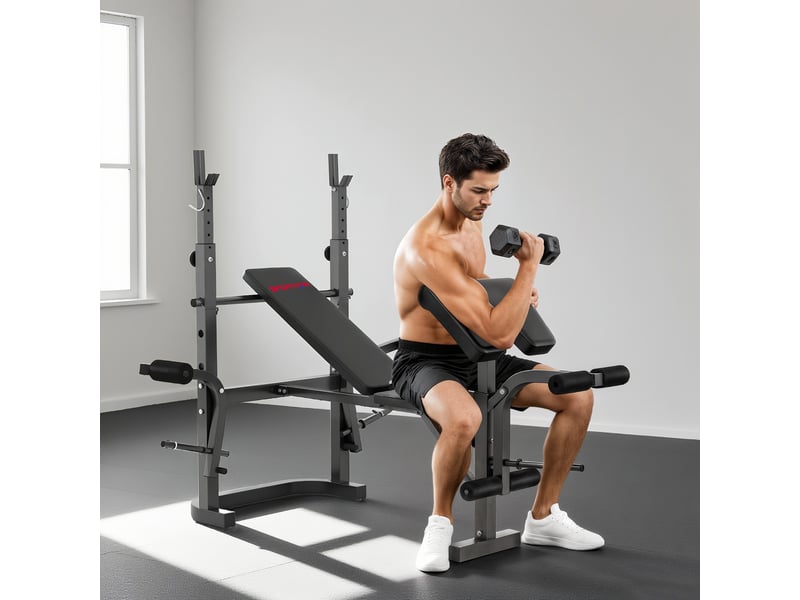 Banc de musculation avec support pour barre réglable, extension des jambes, pupitre à biceps et position papillon pour salle de sport - Conforama C