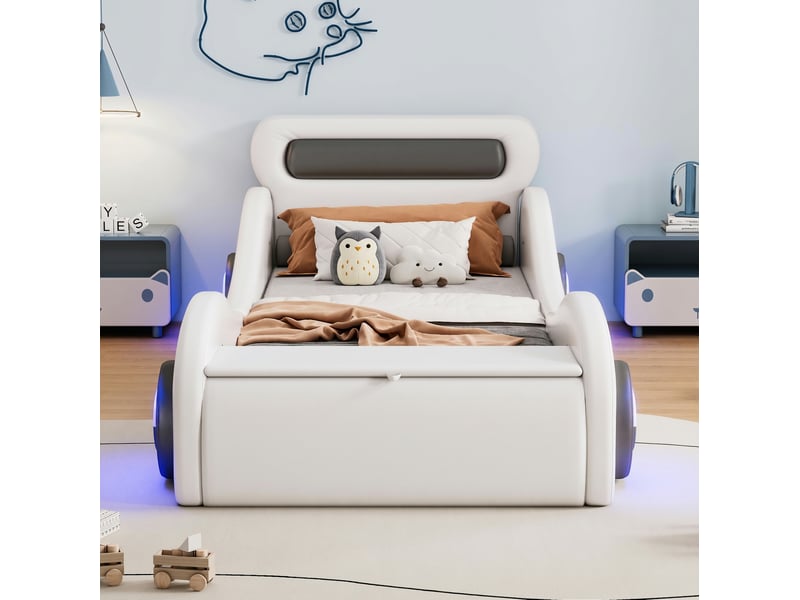  Lit enfant voiture rembourré 90x200 cm avec roues lumineuses blanc  - Conforama D