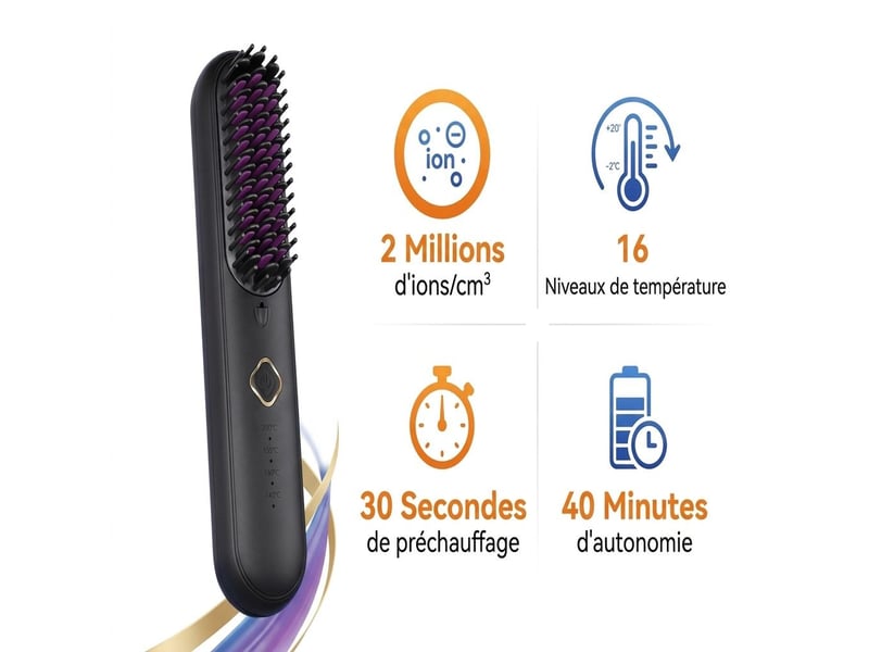 Brosse lissante sans fil céramique mch avec batterie 4000 mah – brosse chauffante ionique anti-frisottis 4 températures et recharge usb-c pour voyage – noir - Conforama A