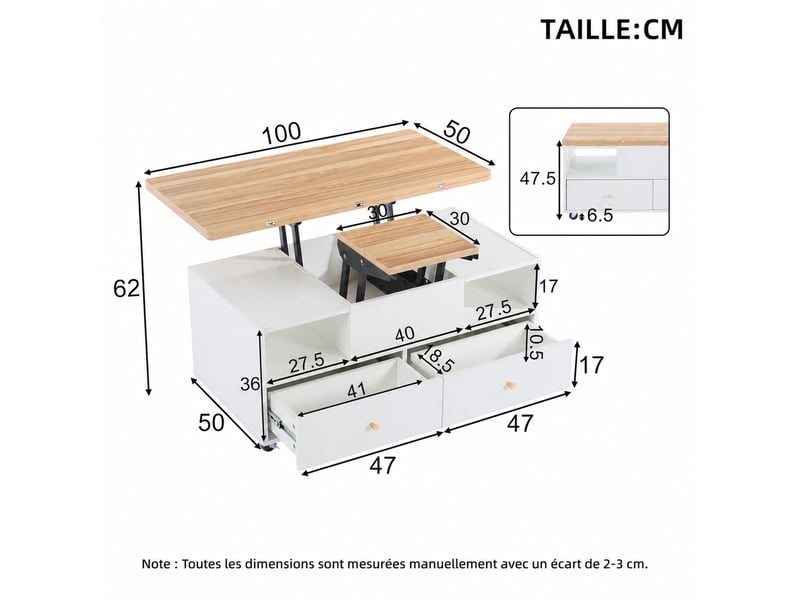  Table basse relevable extensible avec 4 tiroirs et roulettes – mdf blanc et décor bois – 100 x 50 x 47,5 cm  - Conforama D