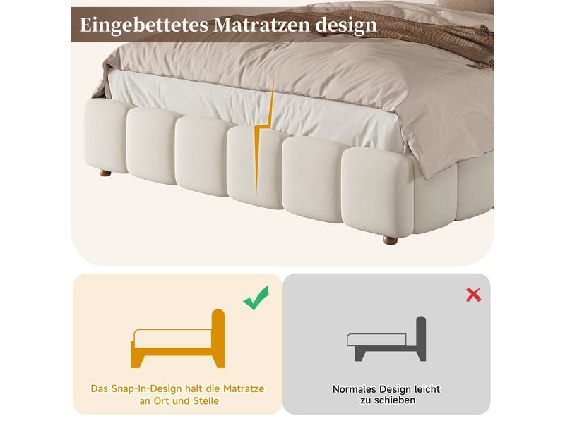  Lit coffre 140x190 cm en velours beige avec sommier à lattes, tête de lit rembourrée et grand rangement, lit hydraulique  - Conforama D