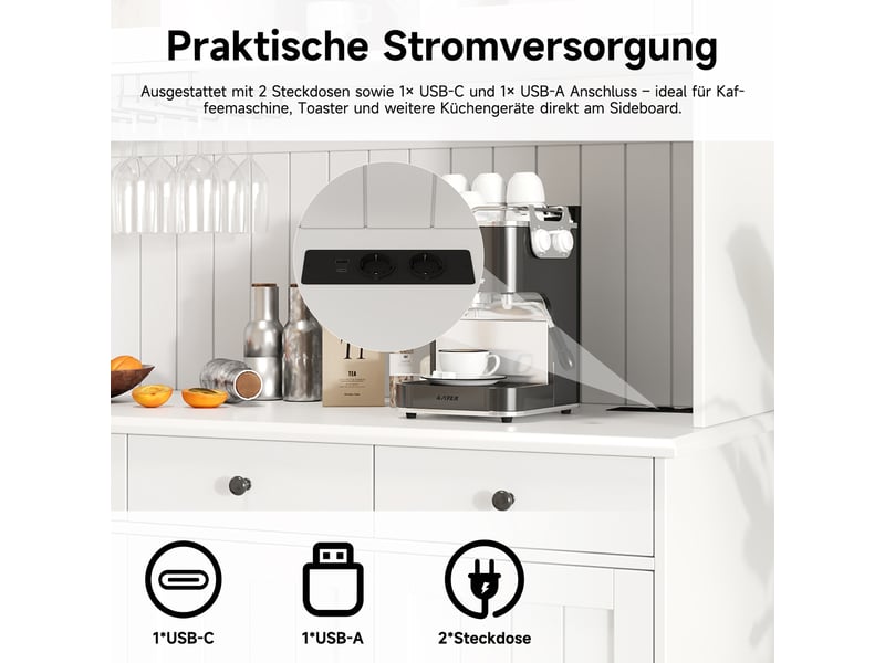 Vaisselier 120 x 40 x 191 cm, portes vitrées, porte-verres, rangements, prise, usb-a et usb-c, poignées blanches et noirs evarich - Conforama D