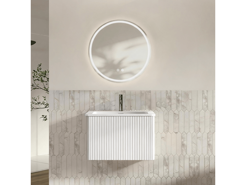  Meuble sous vasque suspendu avec 1 tiroir, vasque intégrée et miroir rond led, salle de bain, blanc, rainuré  - Conforama B
