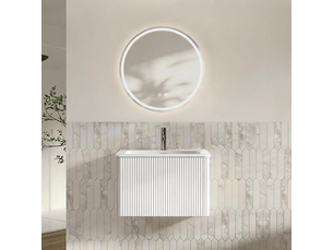 Meuble sous vasque suspendu avec 1 tiroir, vasque intégrée et miroir rond led, salle de bain, blanc, rainuré