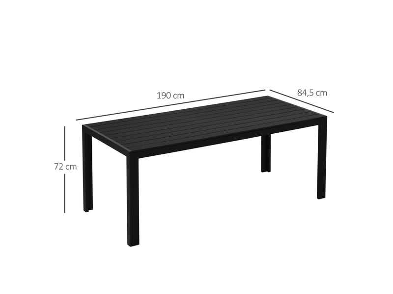Table jardin plastique 190x84,5x72 cm, intempéries, aspect bois, antidérapante, buffetcampingbalconterrasse, noire. - Conforama E