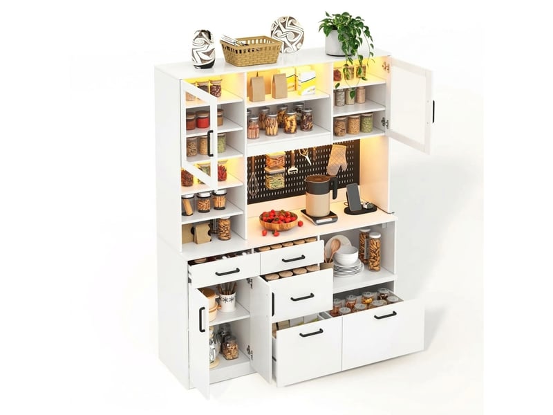  Buffet de cuisine haut blanc avec prise et éclairage led, 145x40x185 cm  - Conforama A