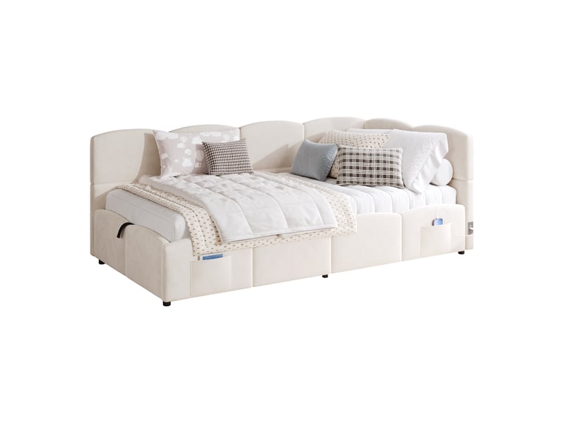  Lit coffre 90x200 canapé lit avec rangement velours beige ports usb  - Conforama A