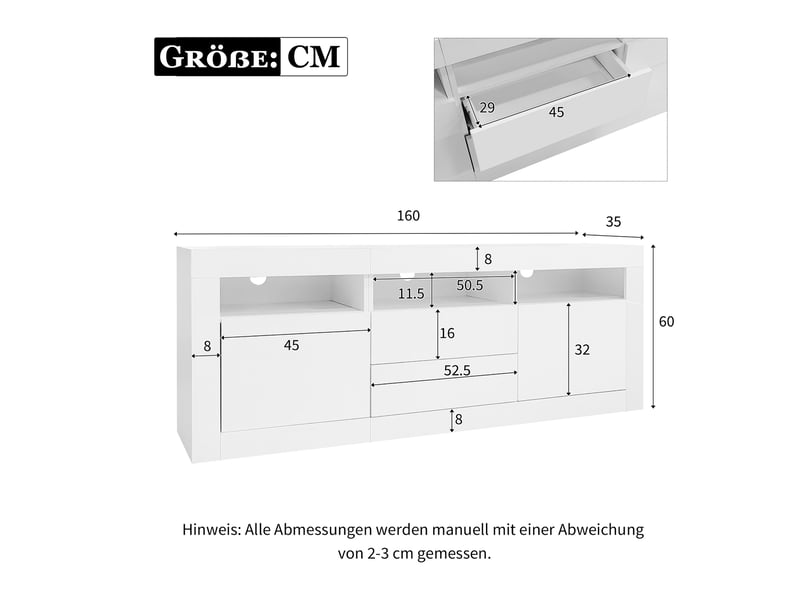  Meuble tv avec 2 portes, 2 tiroirs, 3 niches led pour salon 160×35×60 cm en panneaux de particules blanc  - Conforama E