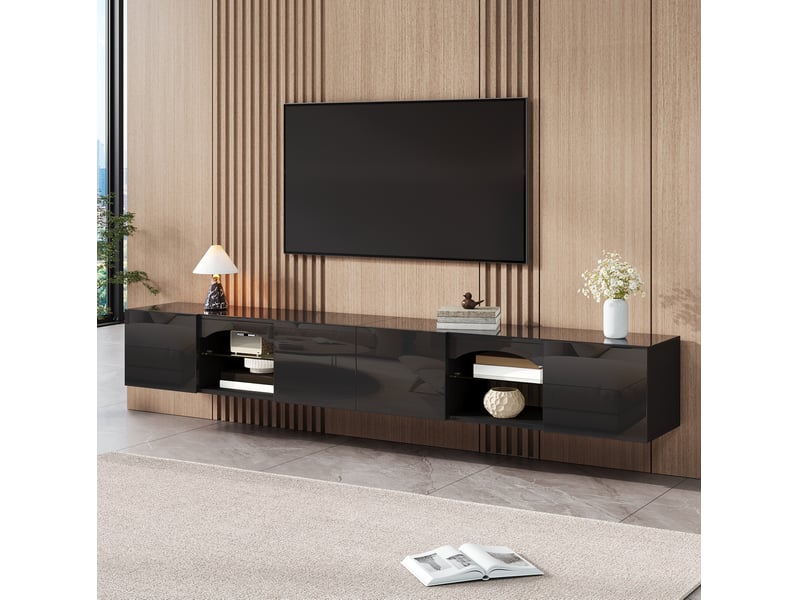 Meuble tv 4 portes avec led et application 200x30x28 cm noir - Conforama B