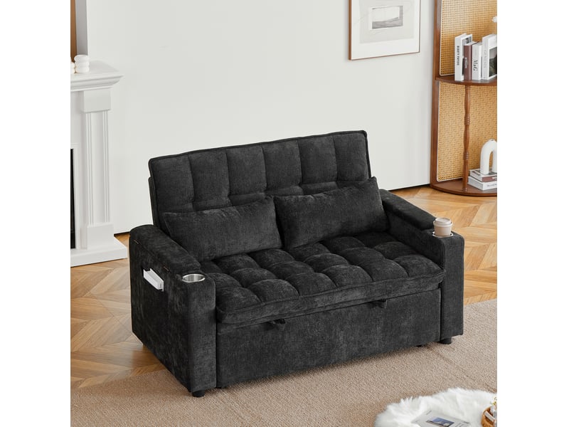  Canapé droit convertible 2 places en tissu noir 3-en-1 avec rangement et porte-gobelets, idéal au quotidien  - Conforama E