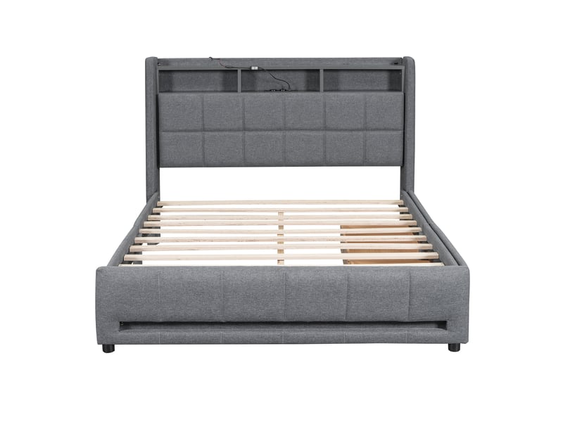 Lit coffre gris 140x200 cm avec led intégrée, rangements et prises usb - Conforama A