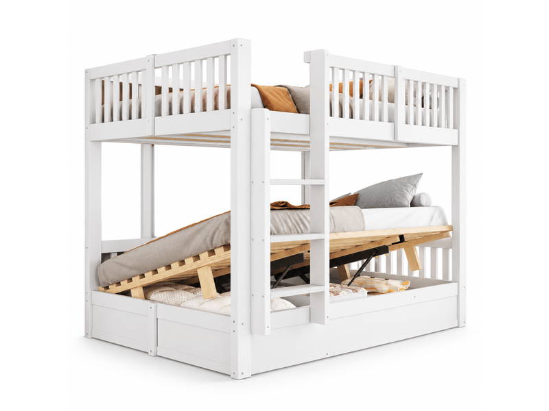  Lit superposé 140x200 cm, coffre de rangement sous le couchage inférieur, sommier relevable à vérins, pin et mdf, blanc OMNIGLINT TRADING LTD - Conforama A