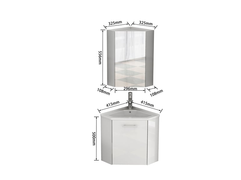  Meuble sous vasque d’angle avec miroir, charnières amorties et lavabo céramique pour salle de bain, en mdf, blanc  - Conforama D