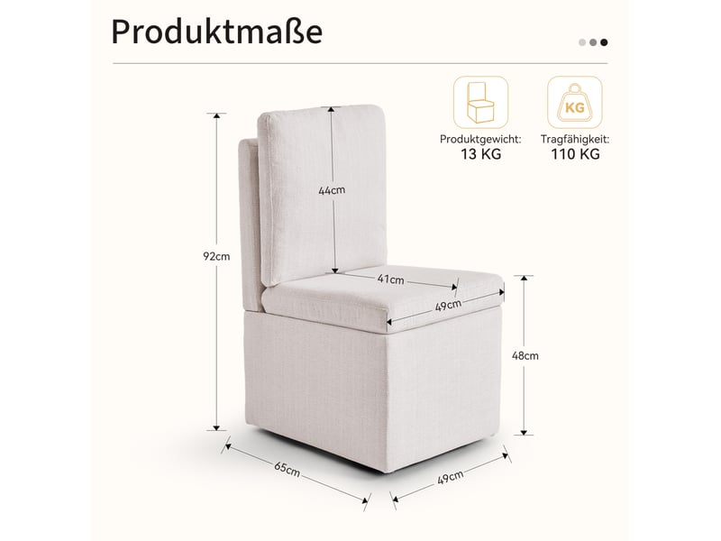  Chaise de salle à manger rembourrée avec rangement et roulettes beige  - Conforama D
