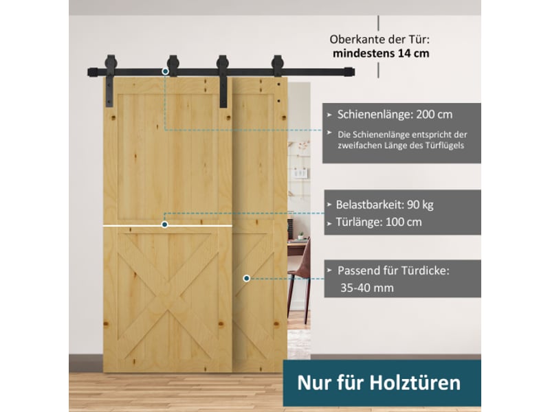 Système de porte coulissante pour porte en bois en acier carbone noir avec rail et 9 accessoires, kit de ferrure moderne pour intérieur - Conforama C