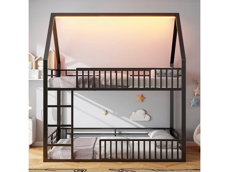  Lit cabane superposé 140x200 en métal avec led et barrière de sécurité, noir  - Conforama C