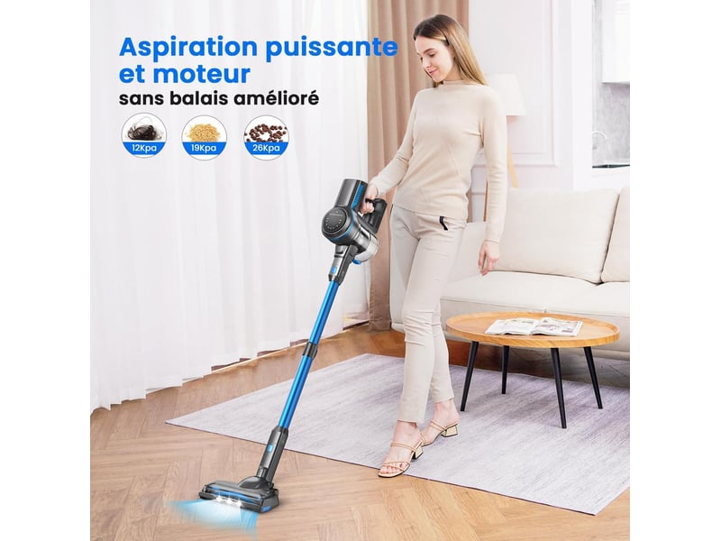  Aspirateur balai sans fil 26 kpa – bleu – moteur 265 w, autonomie 45 min et brosse led souple  - Conforama B