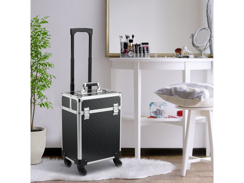  Valise trolley maquillage mallette cosmétique vanity poignée télescopique réglable 34l x 24l x 52h cm alu. Noir  - Conforama C
