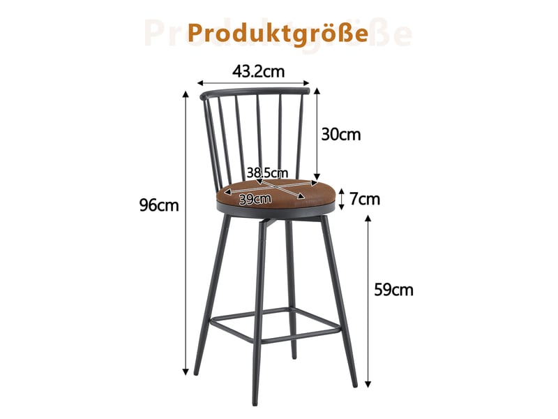  Tabouret de bar lot de 2 style windsor avec assise rembourrée et repose-pieds, en tissu et métal marron 39 × 39 × 96 cm  - Conforama E