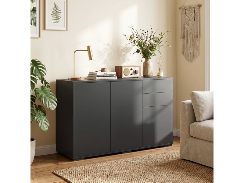  Buffet, commode, crédence, 2 tiroirs, fermeture par pression, 117 cm x 36 cm x 74 cm, noir  - Conforama C