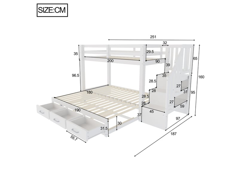  Lit superposé 90x200 cm avec lit gigogne 90180x190 cm, tiroirs et rangements coloris blanc  - Conforama C