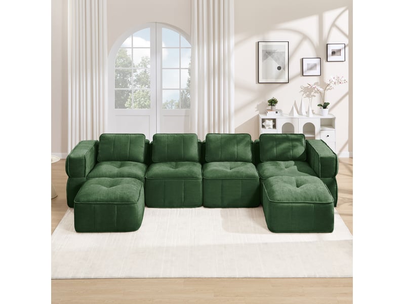 Canapé modulaire en u 4 places avec 2 repose-pieds mousse 32d base antidérapante sans montage en polyester vert - Conforama E