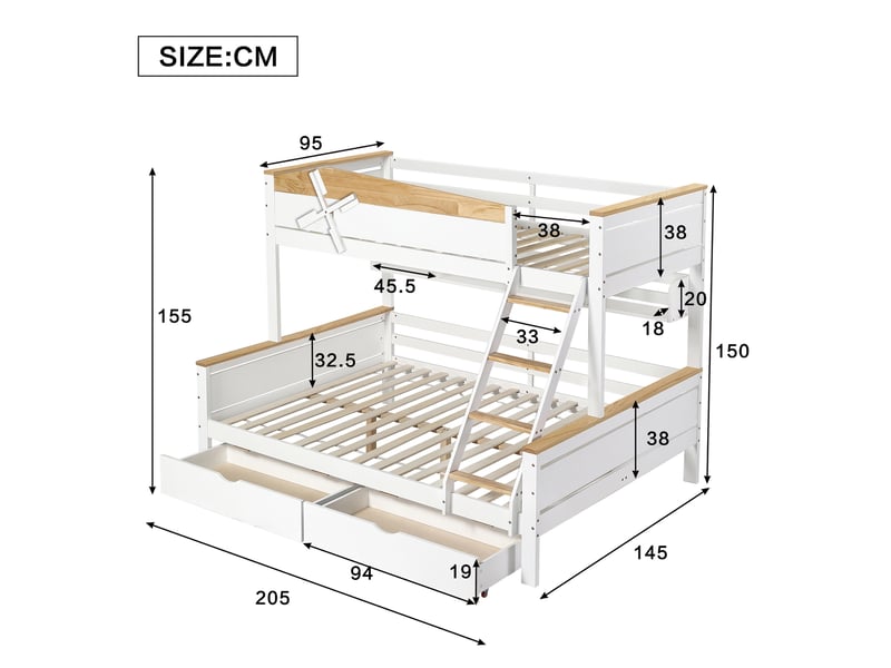  Lit superposé 90+140x200cm, lit enfant avec 2 tiroirs, escalier, moulin à vent et sommiers, rangement, pin+mdf, blanc+naturel  - Conforama D