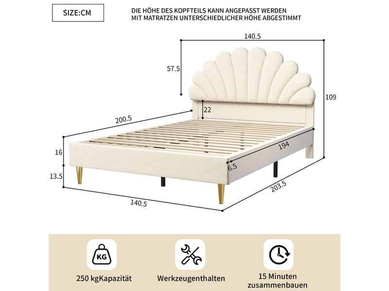  Lit enfant fille 140x200 cm lit princesse fille avec sommier à lattes pour enfants et adolescents, velours, ​​beige  - Conforama C