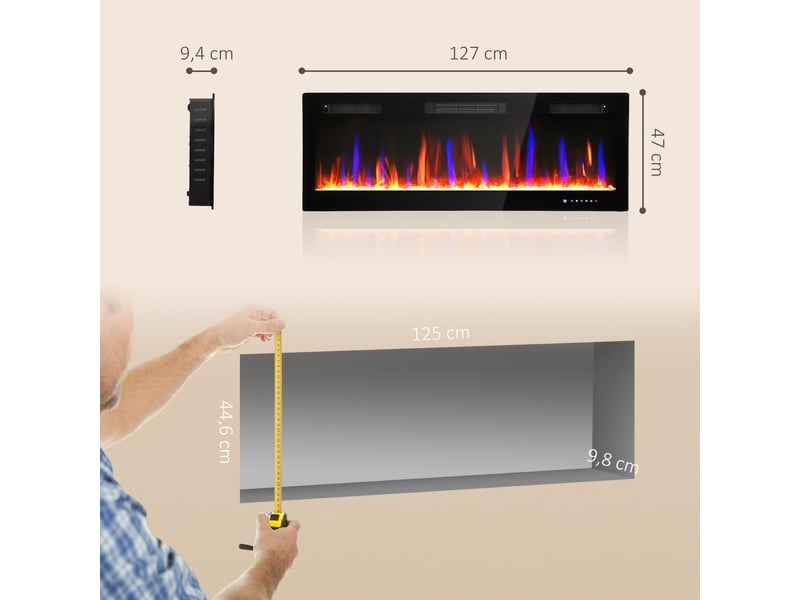  Cheminée électrique mural ou encastrable 900w1800w, effet flamme à 12 couleurs 5 luminosités, 127 x 9,4 x 47 cm, noir  - Conforama C