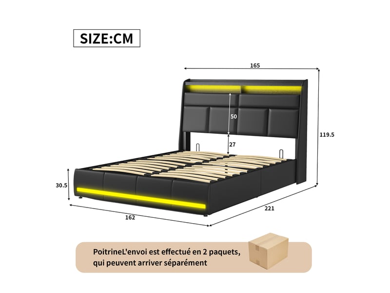  Lit double coffre - 160 x 200 cm-noir - en similicuir pu, avec tête de lit à étagères, double éclairage led et vérins hydrauliques  - Conforama B