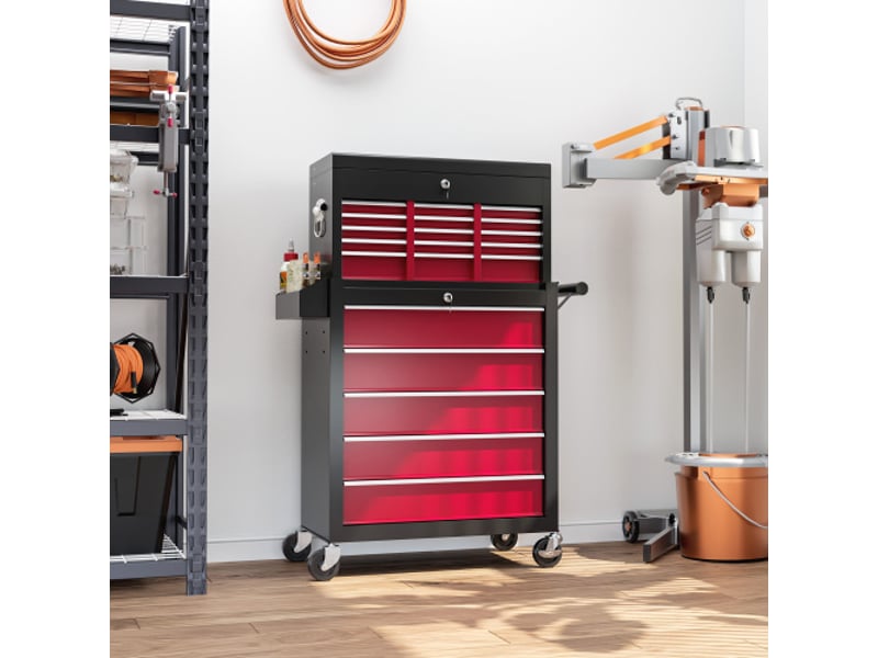 Chariot d'atelier rouge avec roulettes, 14 tiroirs verrouillables, panneau perforé latéral, tapis eva, servante mobile pour outils - Conforama D
