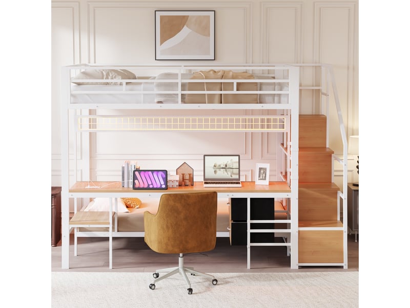 Lit mezzanine 140x200 cm avec bureau, led et prises - rangement et lit 90x200 cm - métal et bois - blanc - Conforama E