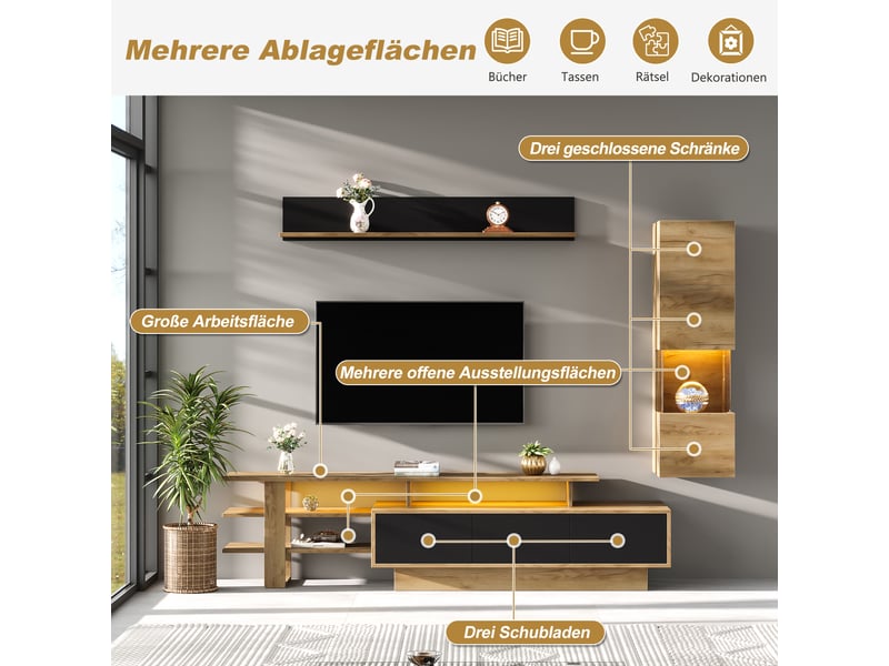  Meuble tv avec 3 tiroirs, vitrine à 3 portes et étagère murale led, pour salon, en mdf, naturel et noir  - Conforama E