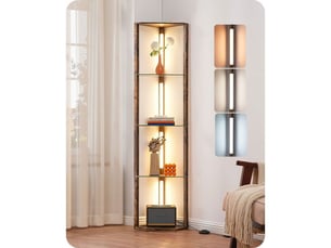 Lampadaire led moderne avec etageres en verre noyer 3 temperatures 3000 4000 5000k dimmable interrupteur au pied