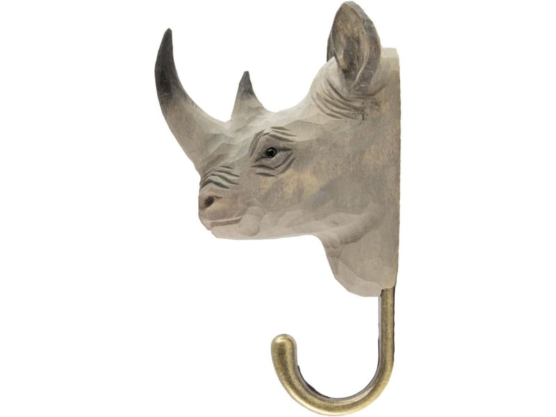  Patère animal en bois sculpté à la main et métal rhinocéros  - Conforama C