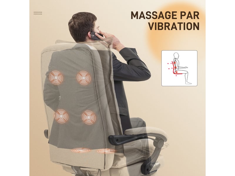  Fauteuil de bureau massant avec hauteur réglable, dossier inclinable, repose-pied intégré et télécommande filaire beige  - Conforama E