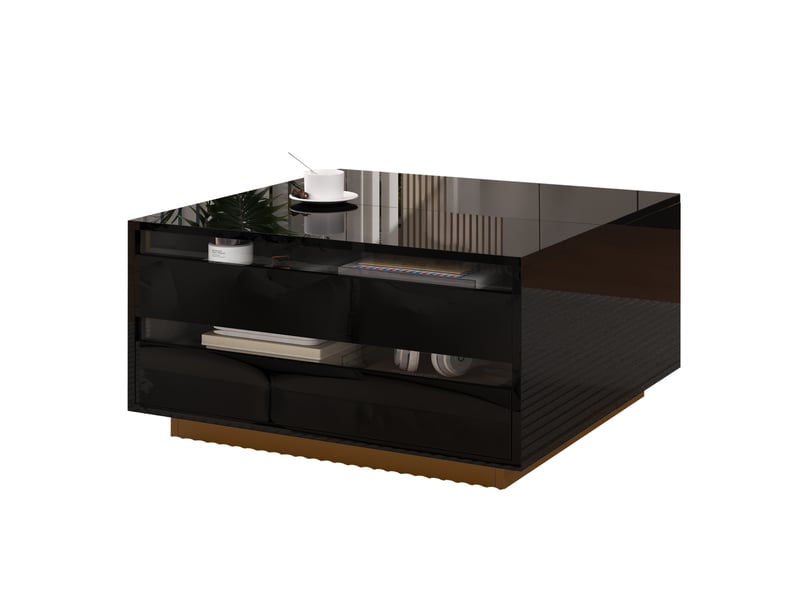 Table basse de salon 70 x 70 x 38 cm, table basse relevable avec bande lumineuse led, table d'appoint avec 1 tiroir, finition brillante, rangement dissimulé et portes rabattables, noire  - Conforama A