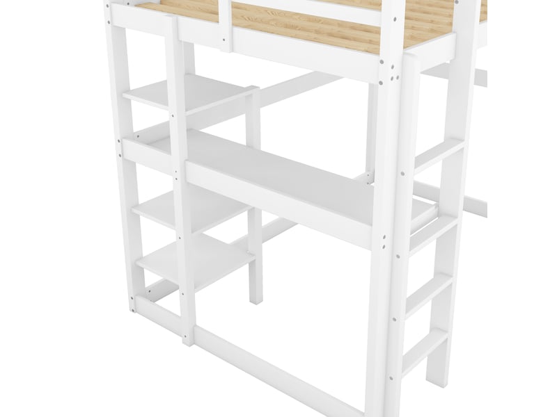  Lit mezzanine 2 places - 140x200 cm - blanc antique - bois de pin - bureau intégré  - Conforama W