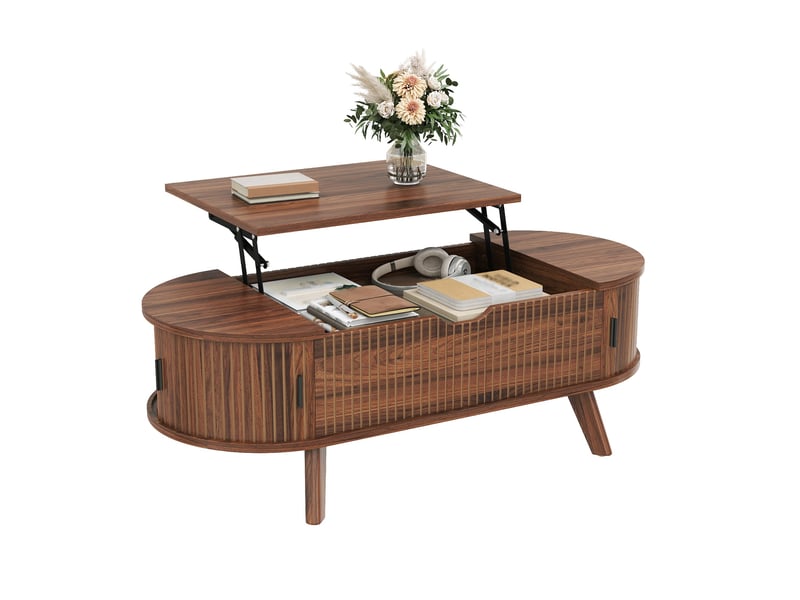  Table basse relevable ovale 110x50x53,5 cm avec rangement coloris noyer  - Conforama A
