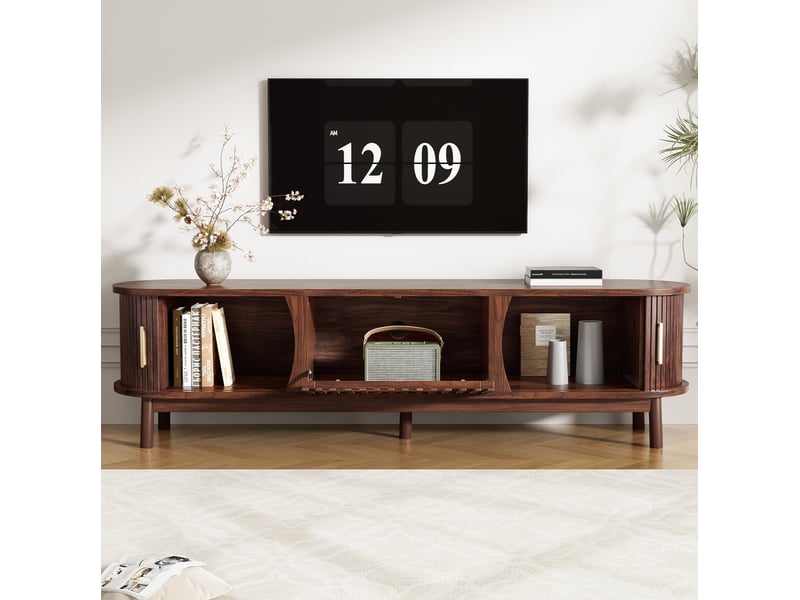  Meuble pour télévision bas 165 x 39,5 x 46 cm portes coulissantes et abattante centrale, 3 compartiments, mdf marron  - Conforama D