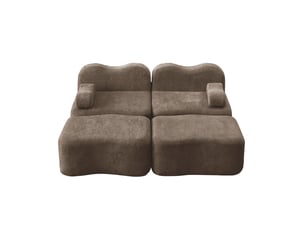 Canapé modulable 2 places 192x167x70 cm, dossier ondulé, mousse 32d, 2 poufs, velours, marron